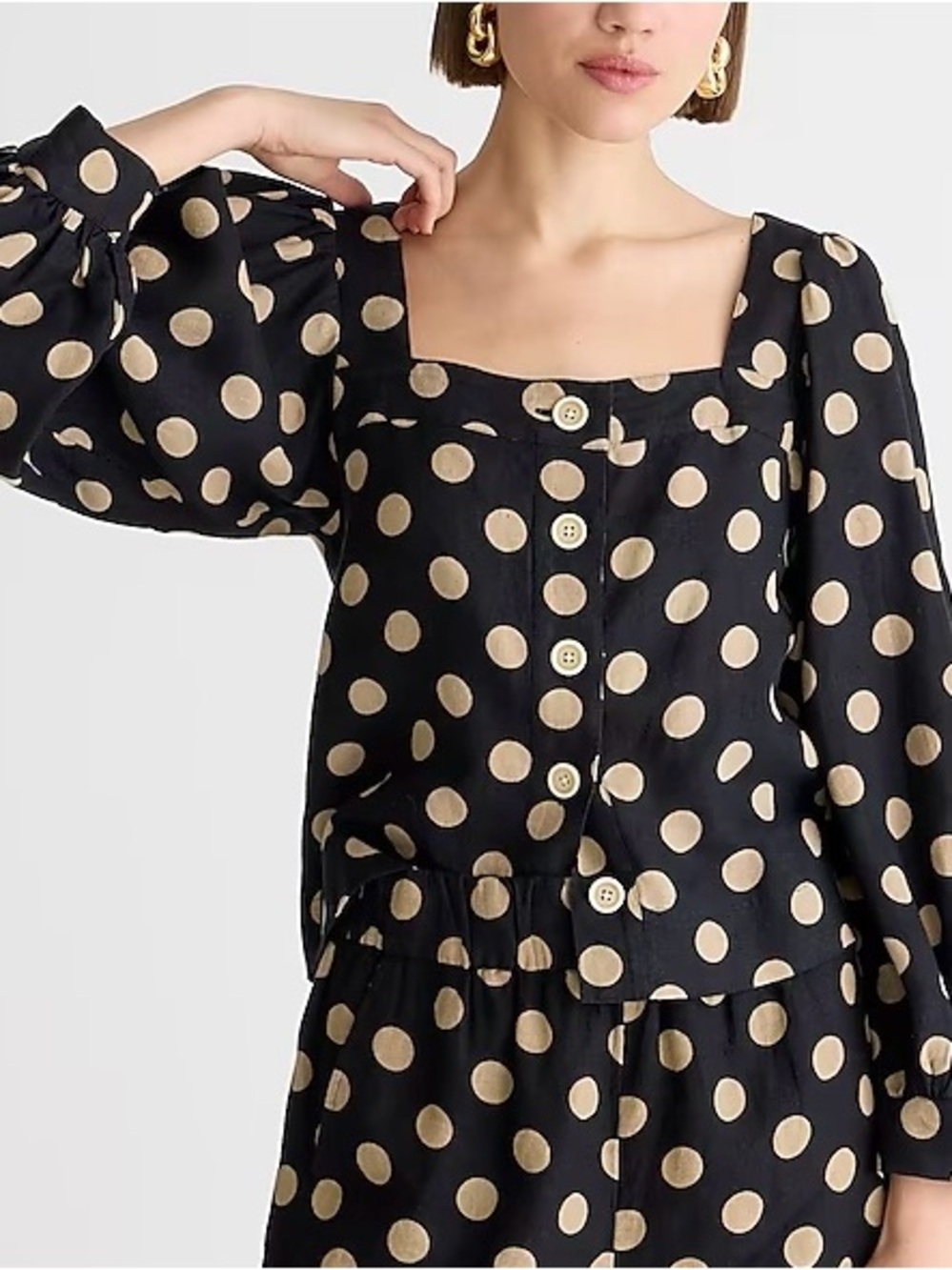 JCREW Linen Square Neck Button Up Top Squareneck Polka Dot Black Tan Large